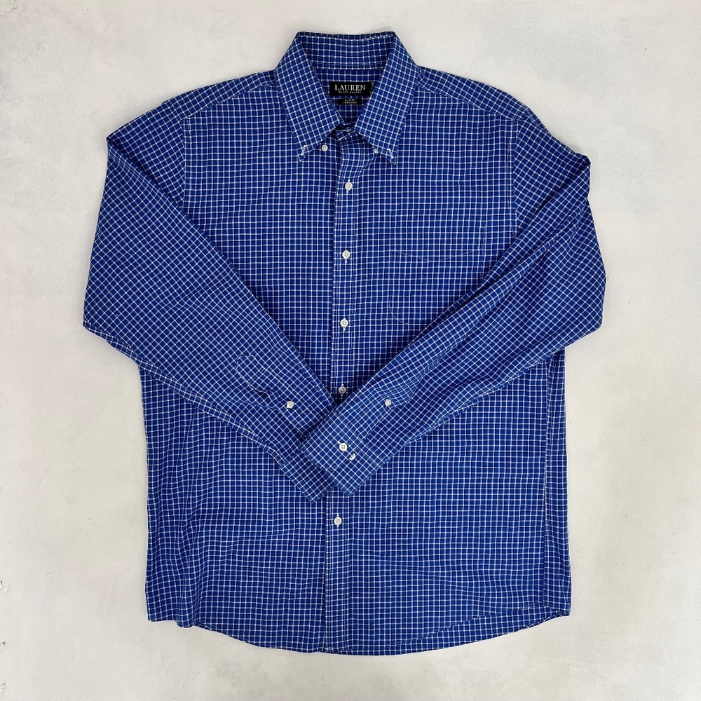 Lauren Ralph Men Button Down Shirt XL Blue White Plaid Slim Fit Non Iron Classic